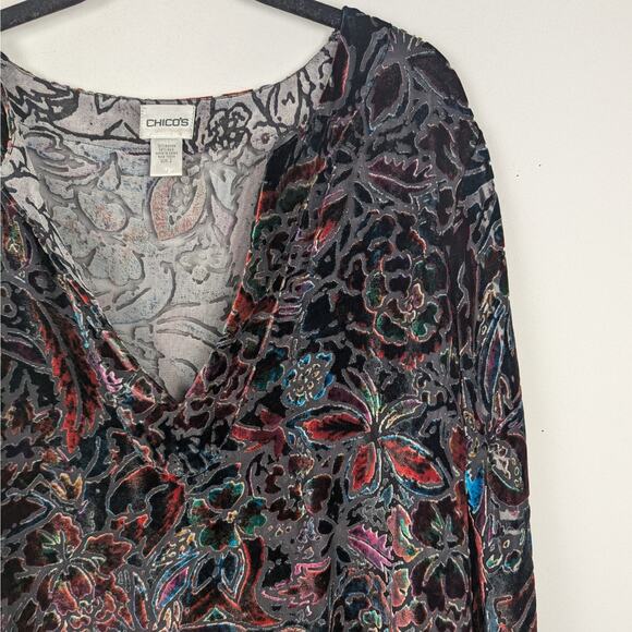Chico's Floral Semi Sheer Burnout Velvet Silk Blend Tunic Size 2 | Large - Picture 3 of 8